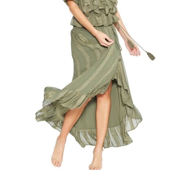 Misa LA Sedona Green Metallic Striped High Low Ruffle High Slit Maxi Skirt Small - Picture 4 of 17